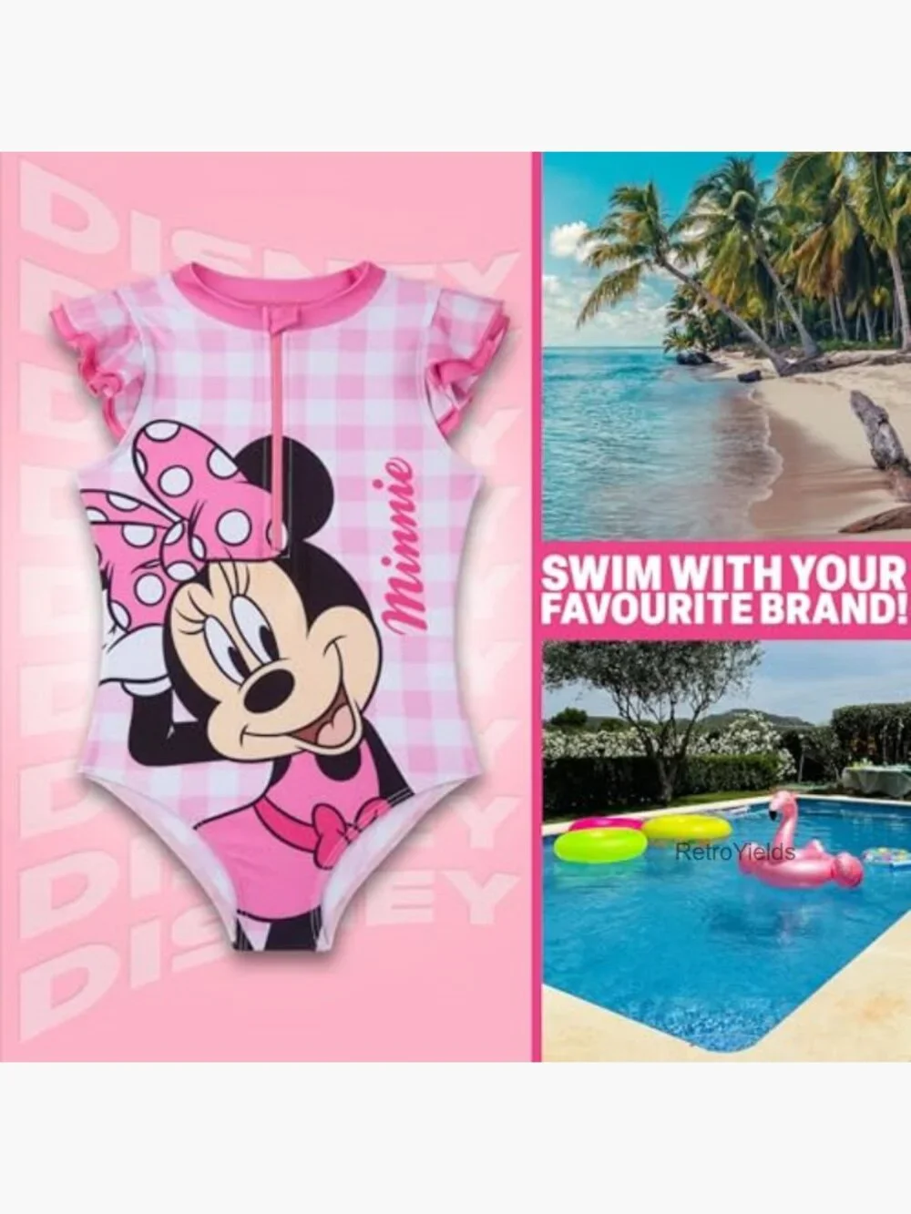 Girls Ruffle One Piece Swimsuit with Front Zip - Peppa Pig Frozen Minnie Mouse